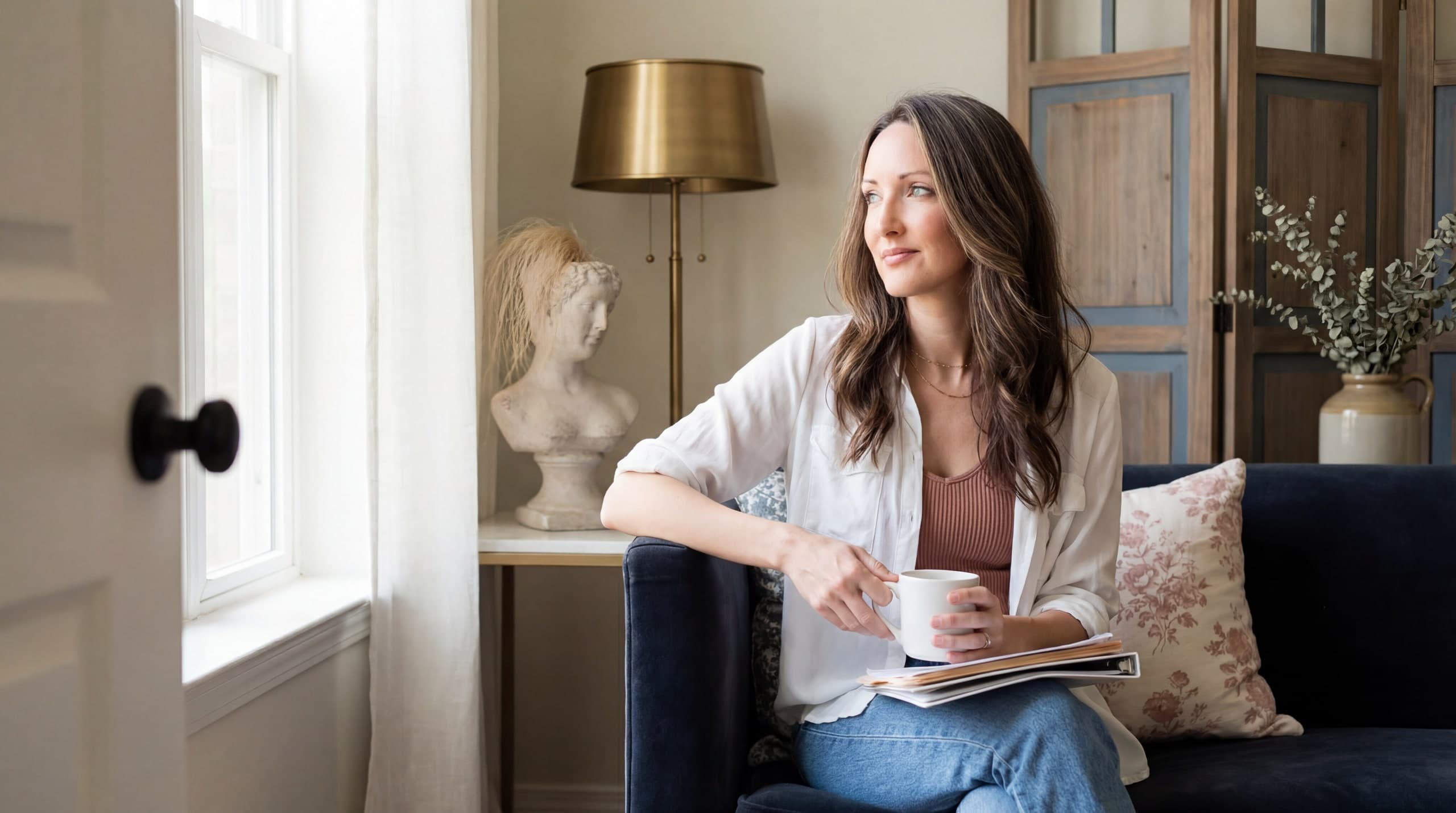 Rachelle Elliott, founder of Thrive HR Studio, seated in a sunlit home studio with a notebook and mug.